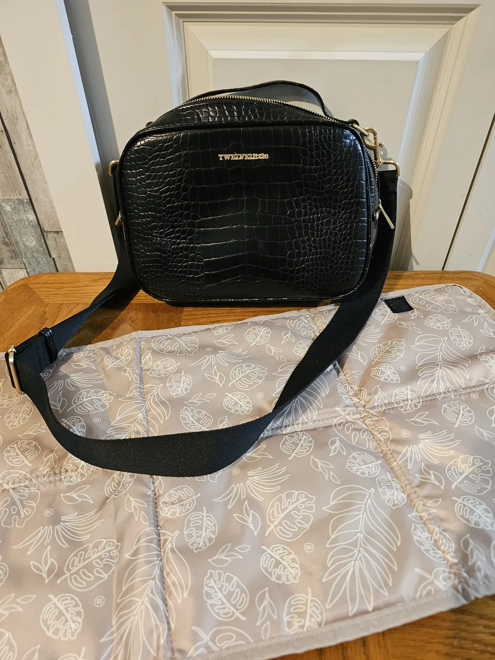 TWElvelittle Black Croc-Embossed Diaper Bag W/ Changing Pad